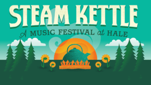 Steam Kettle Music Festival graphic - a teapot on a campfire steaming in front of the sun
