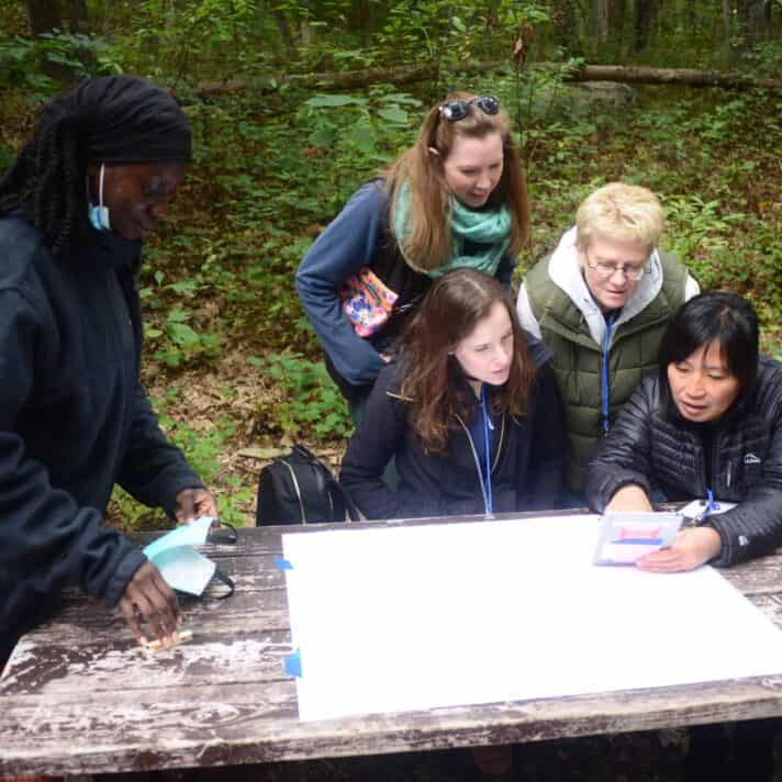 Adults collaborating at a picnic table in the woods.