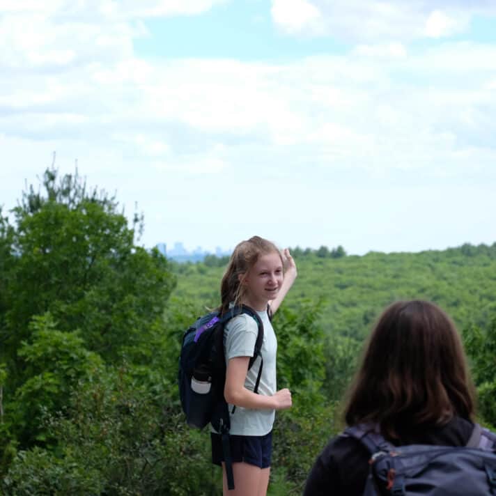 Hikers at a peak overlooking greenery.