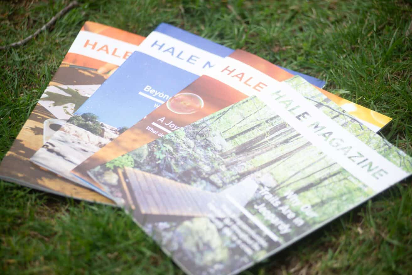 Four Hale magazines laid out on the grass.