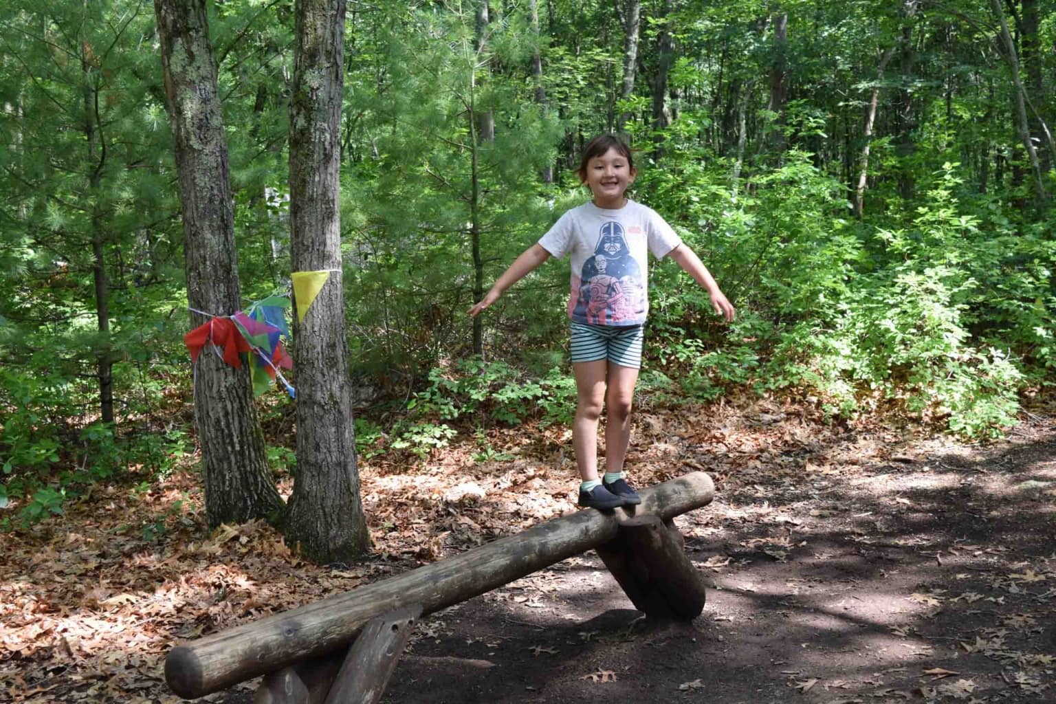A girl standing on a log in the woods.
