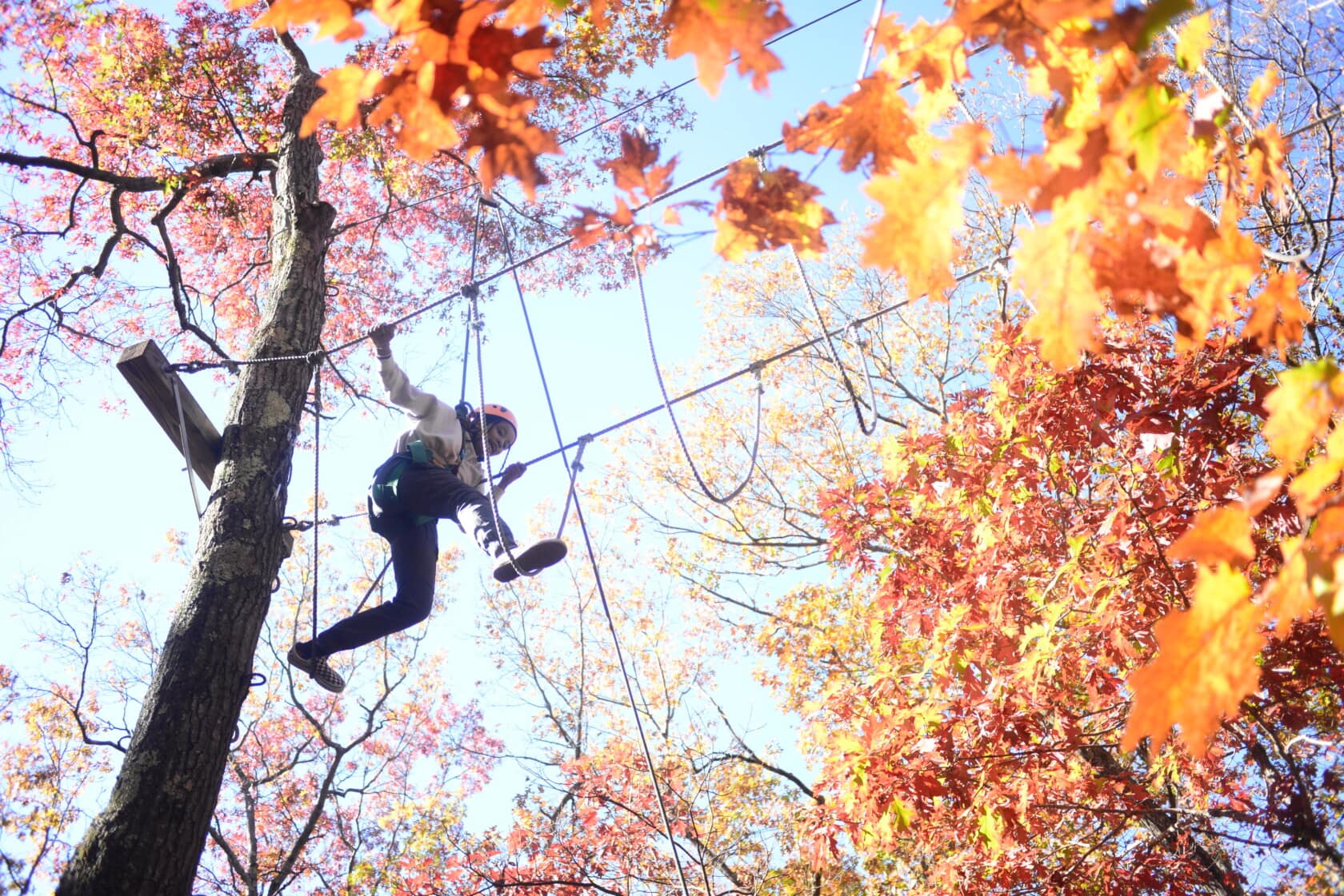 A student climbs on a high ropes element on a challenge course surrounded by fall foliage.