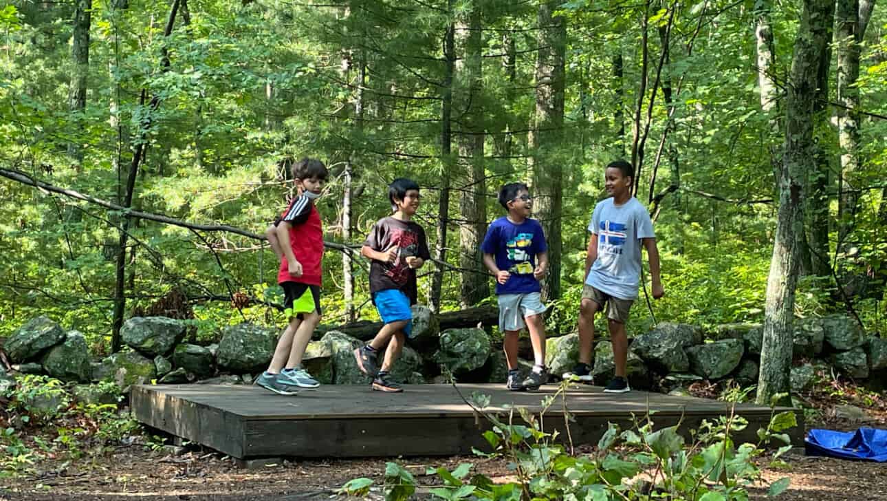 A group of kids standing on a wooden platform in the woods.