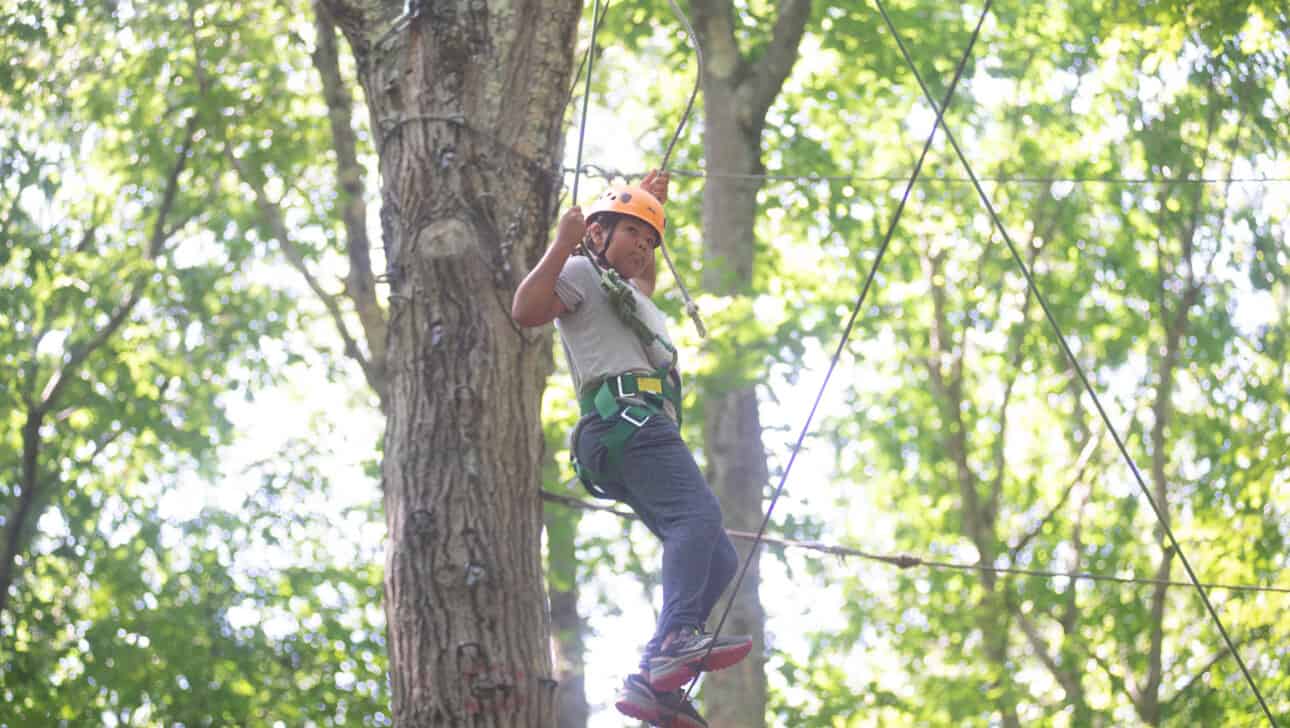 A boy on a zip line in the woods.