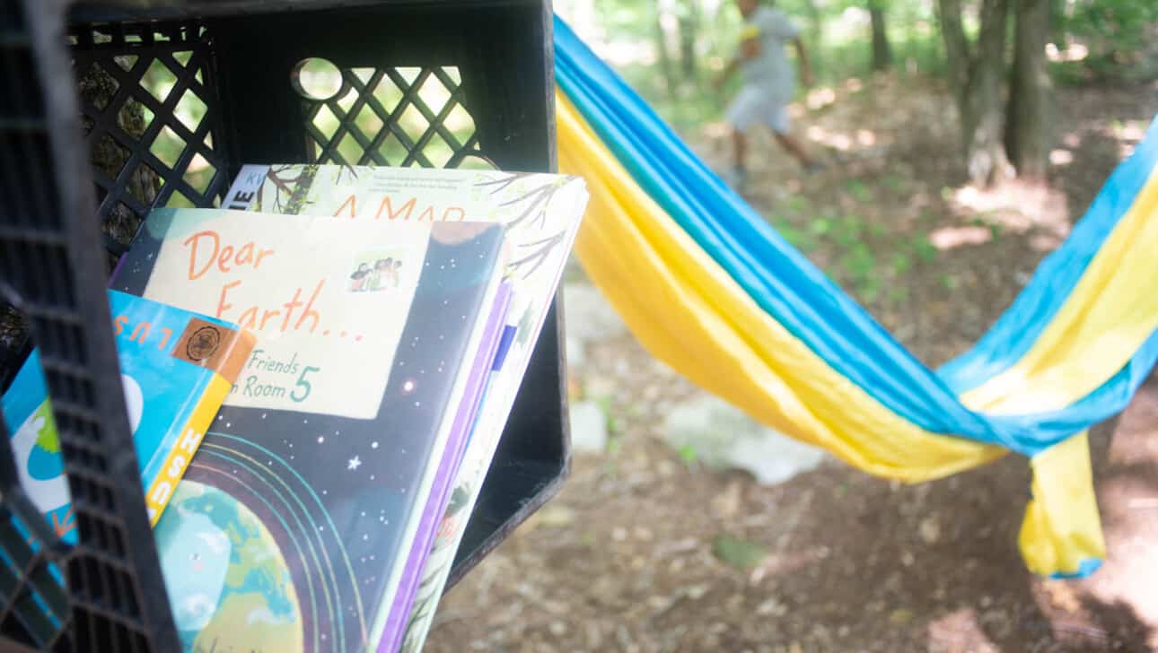 A hammock with books next to it in the woods.
