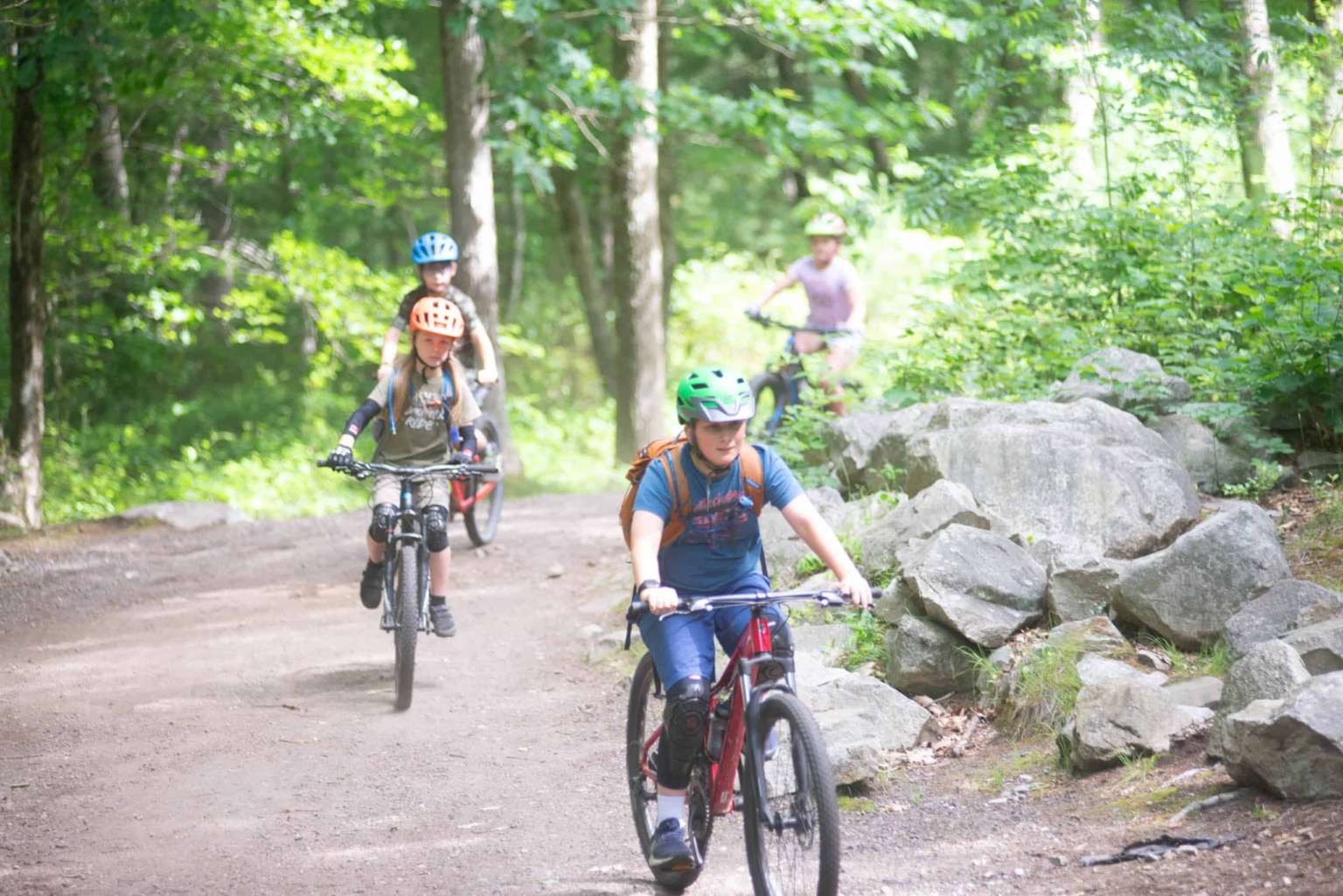 A group of people riding bikes on a trail in the woods.