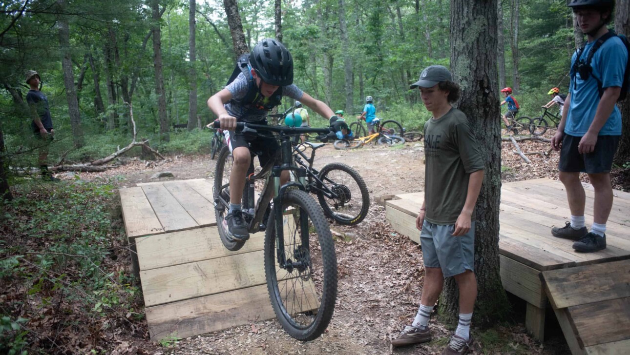 A group of people riding mountain bikes in a wooded area.