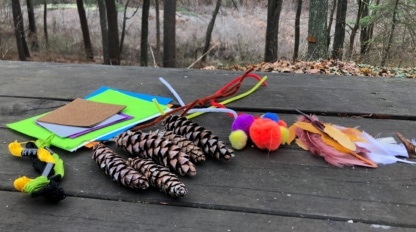 pinecones with crafting materials.