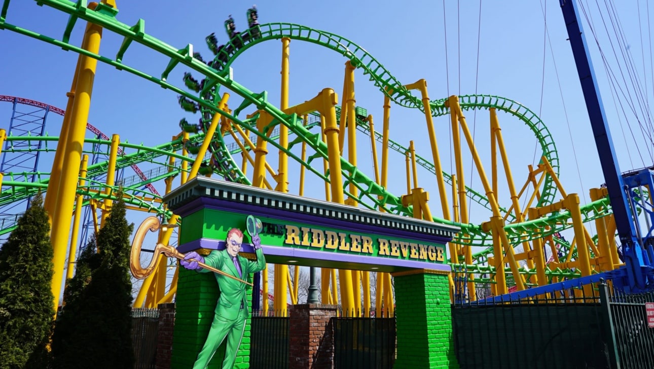 A Batman-themed roller coaster at an amusement park.
