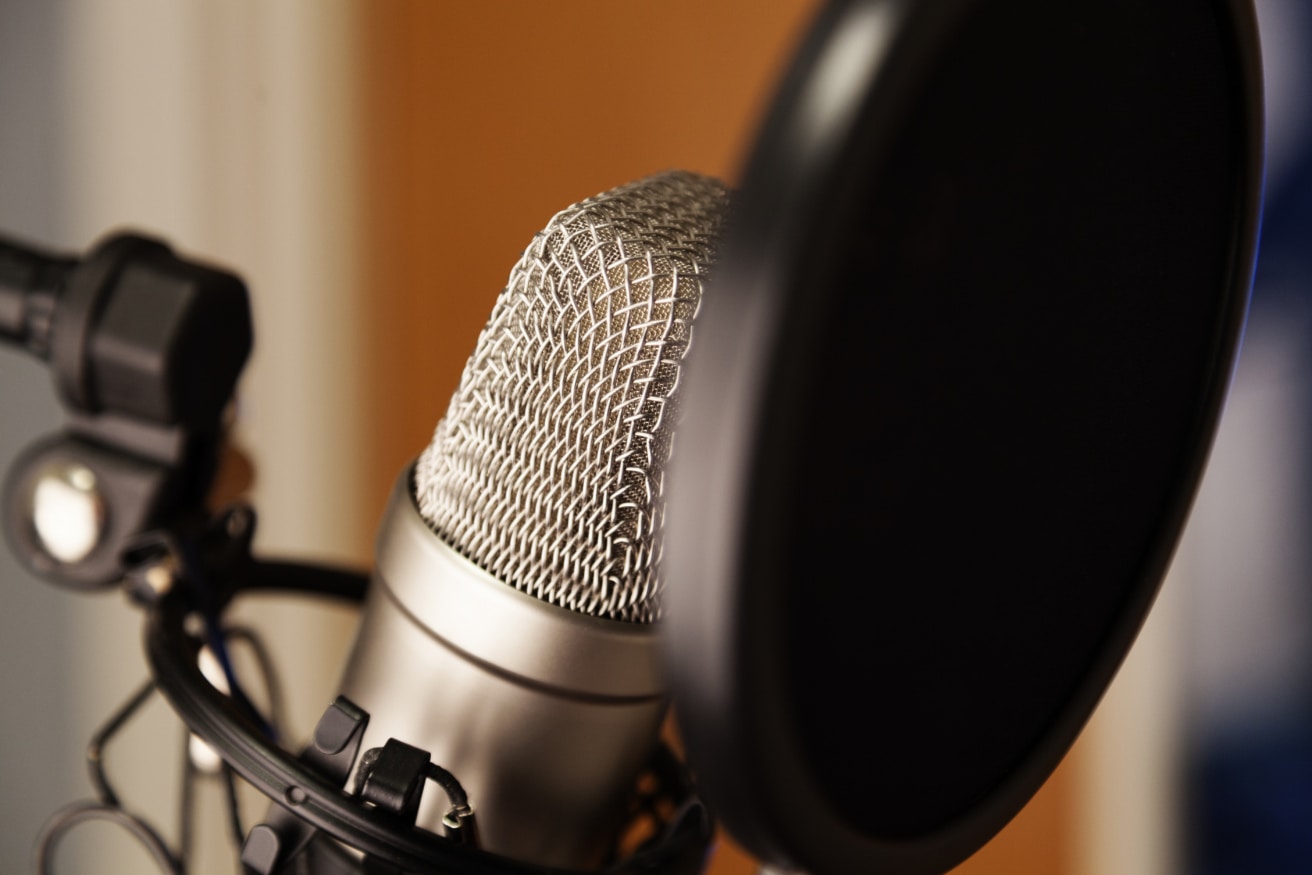 A studio microphone with black filter in close-up