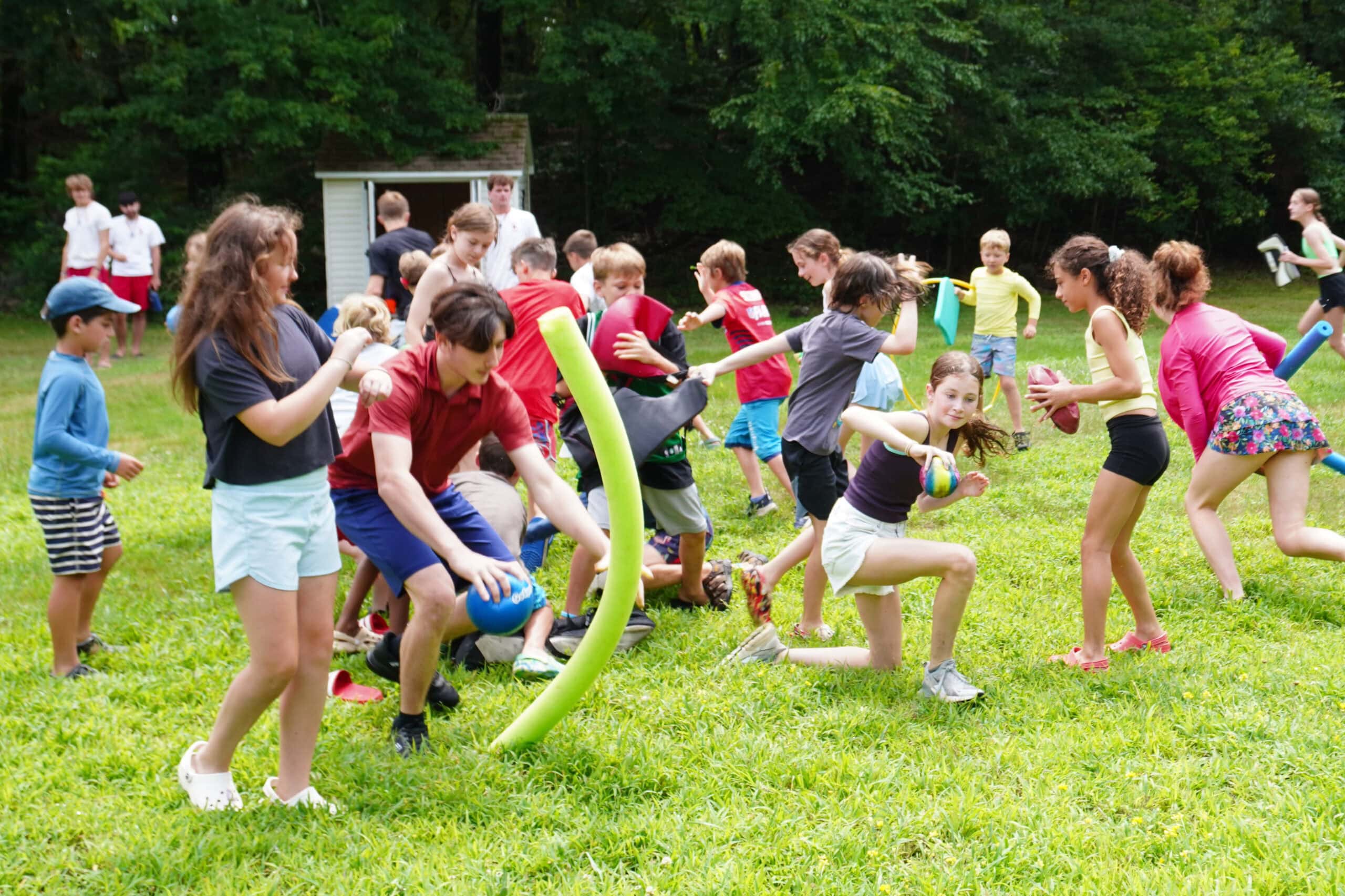 A group of children playing with foam noodles and balls on a grassy field, with trees in the background.