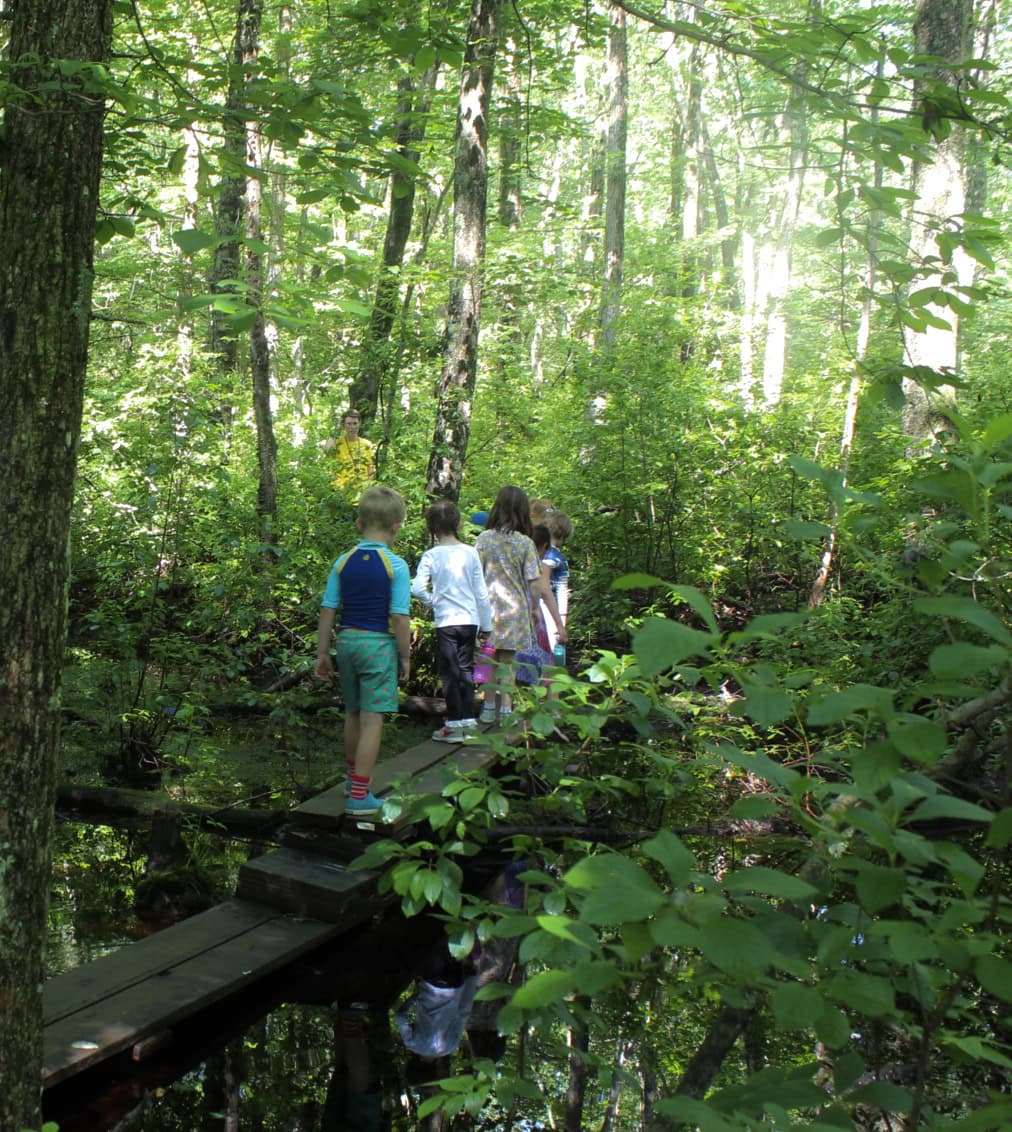 young kids go hiking at Hale in Westwood, MA