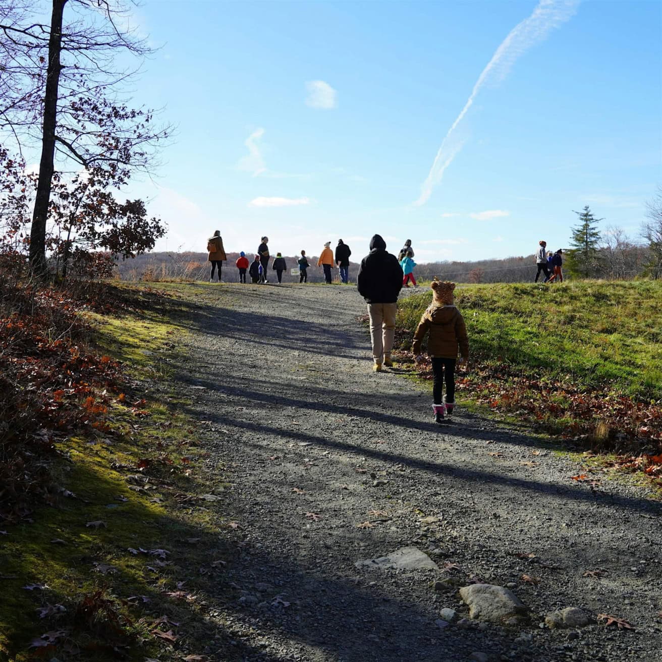 A group of people, including adults and children, walk up a gravel trail on a sunny day with clear blue skies and scattered clouds.
