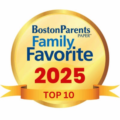 A gold badge with the text "Boston Parents Paper Family Favorite 2025 Top 10" on it, with a red ribbon at the bottom.