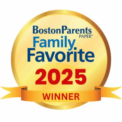 Gold badge with "Boston Parents Paper Family Favorite 2025 Winner" written on it, featuring a red ribbon at the bottom.