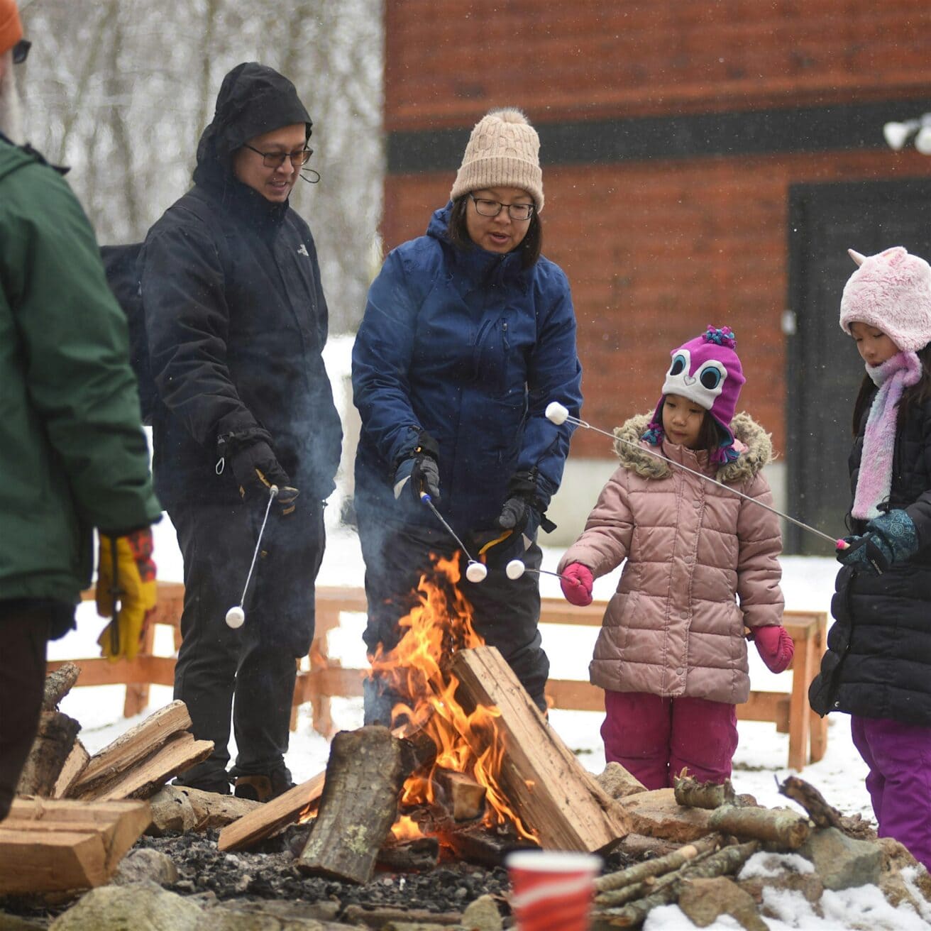 A group of adults and children wearing winter clothes roast marshmallows over an outdoor fire with snow on the ground.