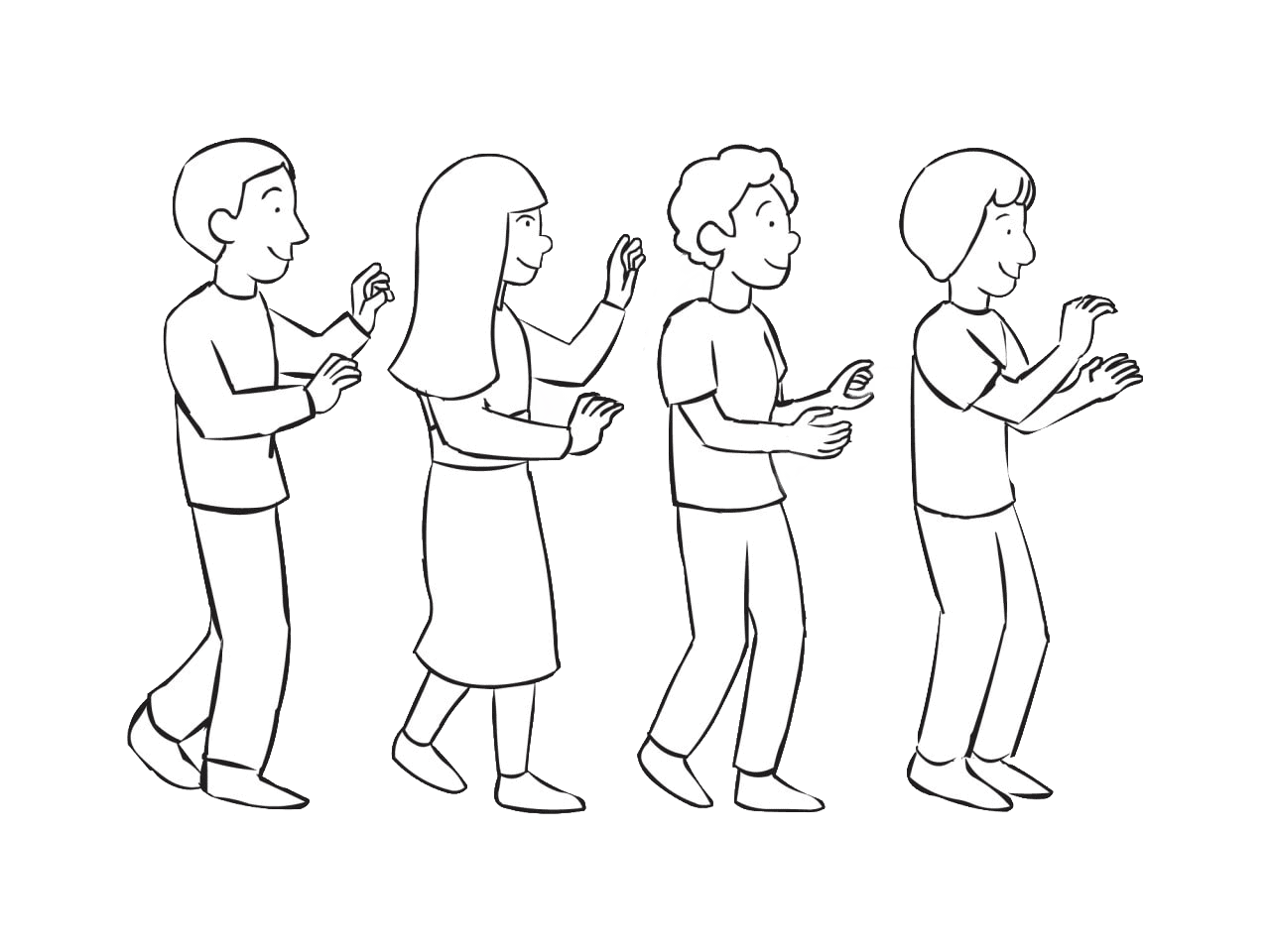 Four cartoon people standing in a line, each with arms bent and hands raised, walking in the same direction.
