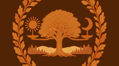 An illustration of a large tree with roots and branches, flanked by a sun and crescent moon, set against mountains and pine trees, surrounded by a laurel wreath.