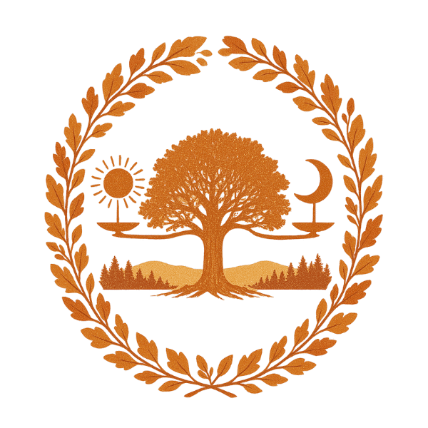 An illustration of a large tree with roots and branches, flanked by a sun and crescent moon, set against mountains and pine trees, surrounded by a laurel wreath.
