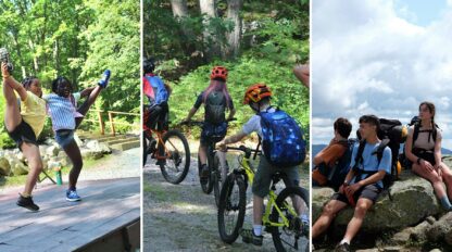 Three images side by side: two kids doing cheerleading poses, a group riding mountain bikes on a forest trail, and three teens resting on rocks with hiking backpacks.
