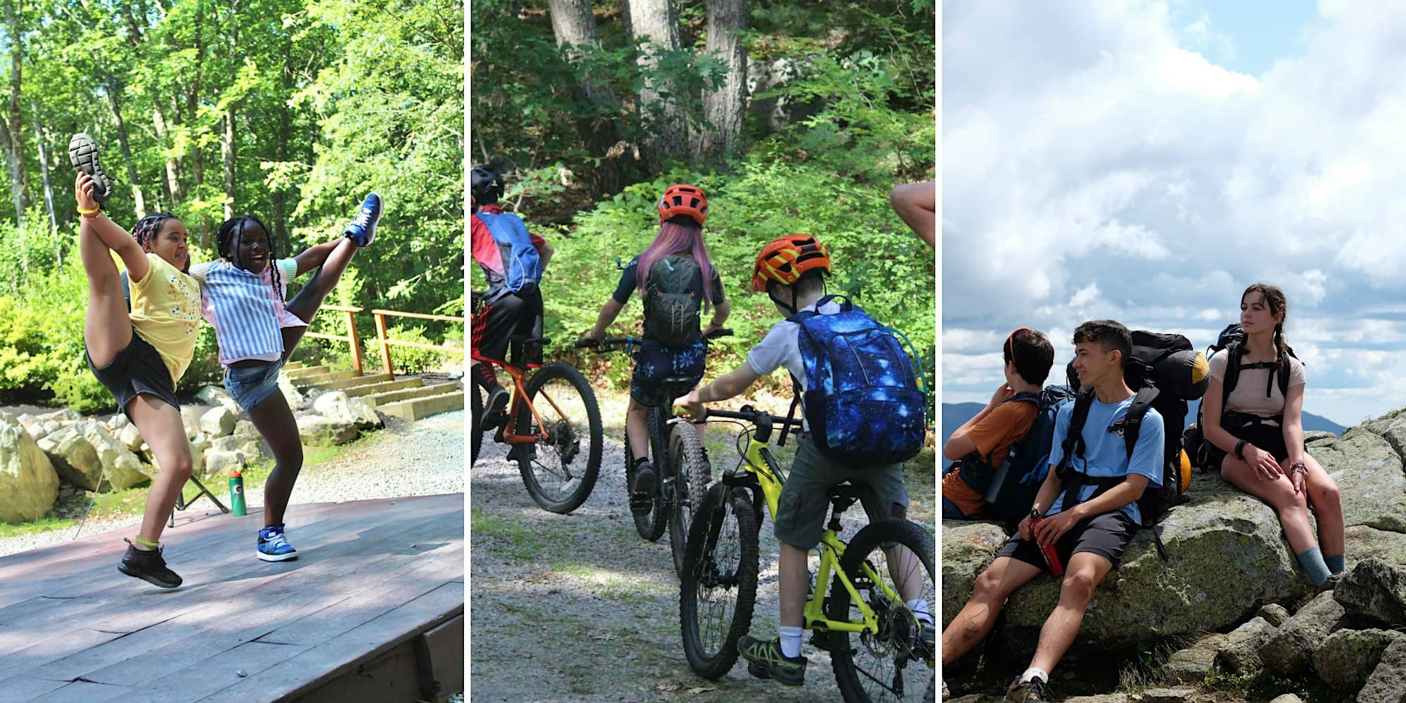 Three images side by side: two kids doing cheerleading poses, a group riding mountain bikes on a forest trail, and three teens resting on rocks with hiking backpacks.